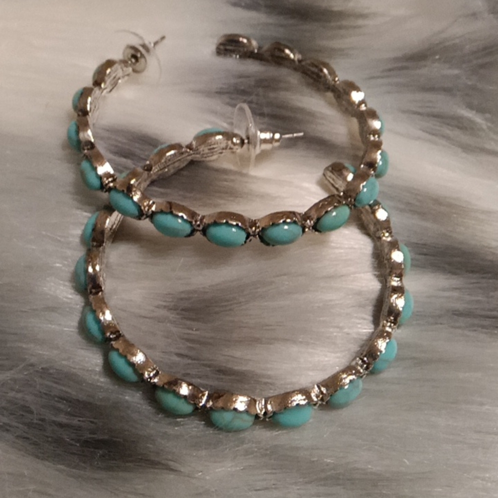 Brand New Turquoise and Silver Hoop Earrings